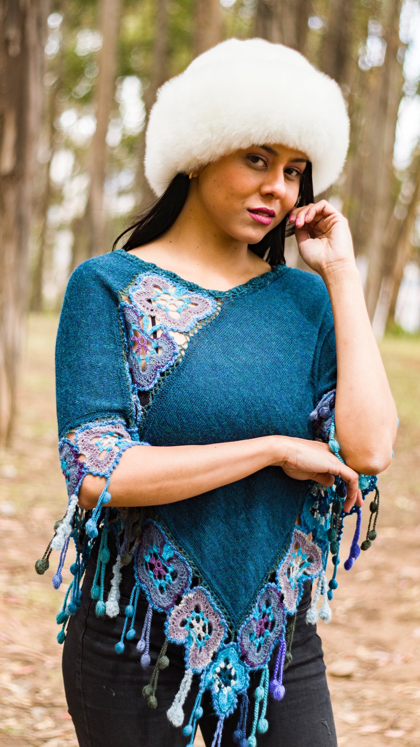 Baby Alpaca Turquoise Poncho with Andean Design
