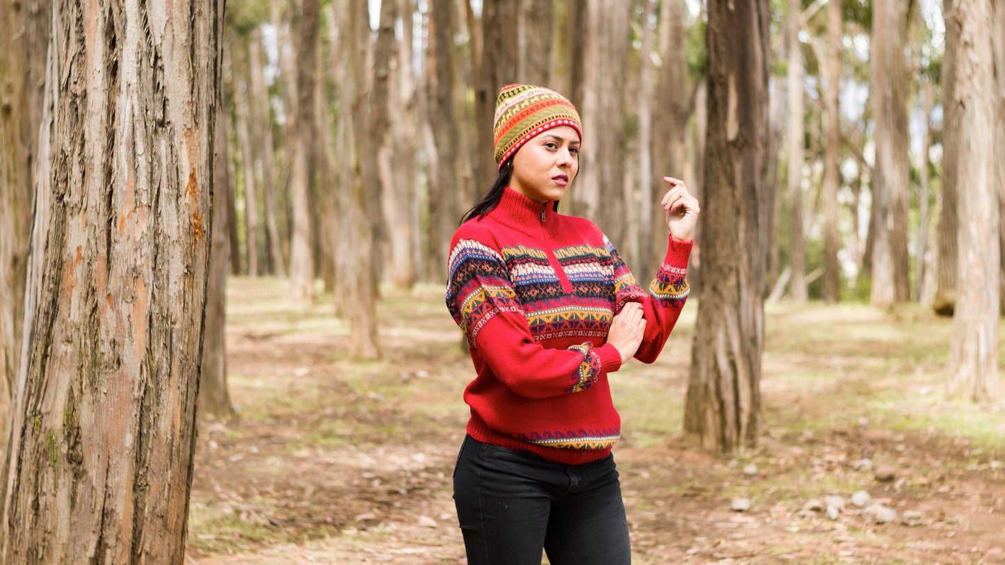 Red Baby Alpaca Sweater with Andean Design