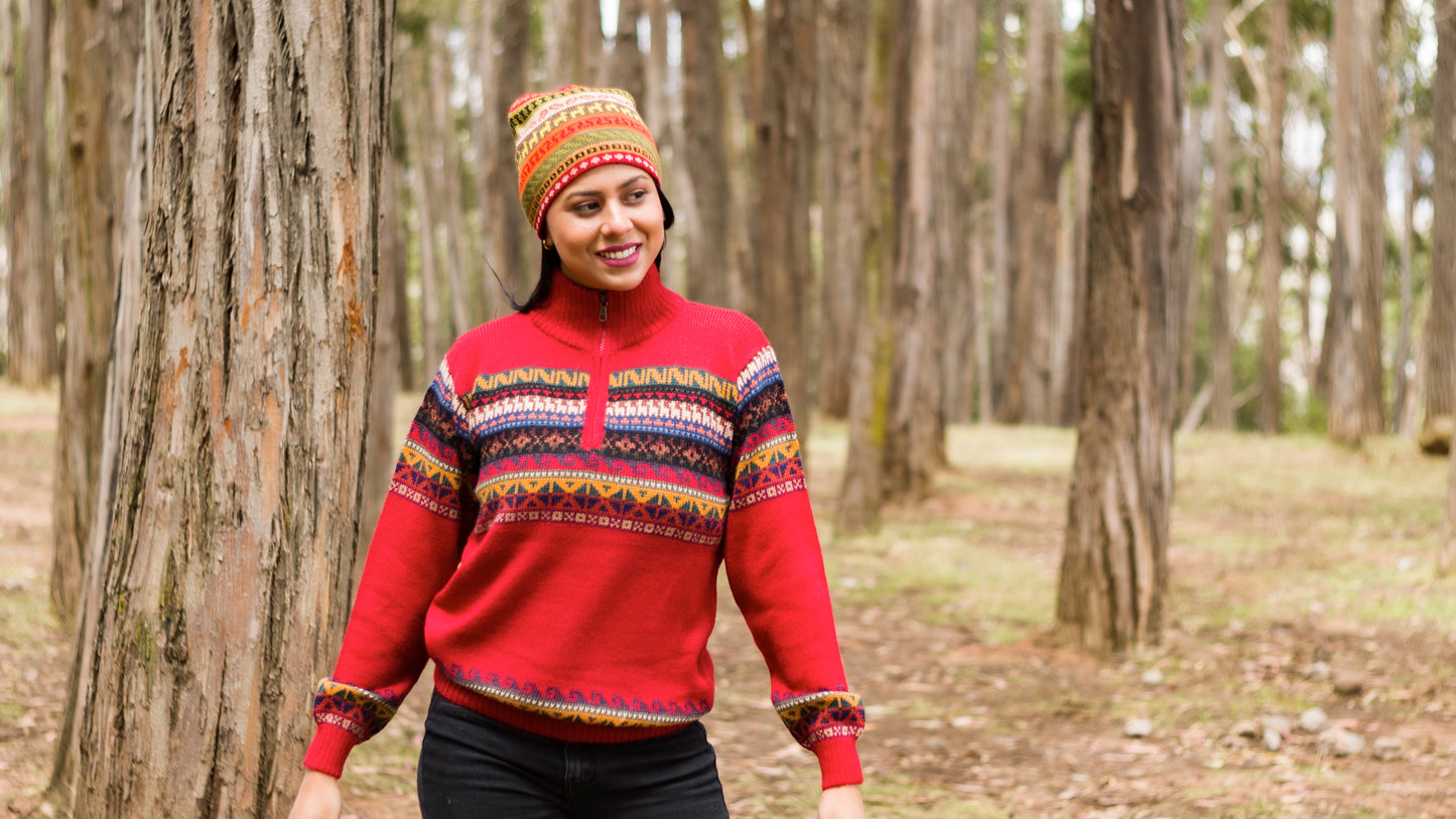 Red Baby Alpaca Sweater with Andean Design