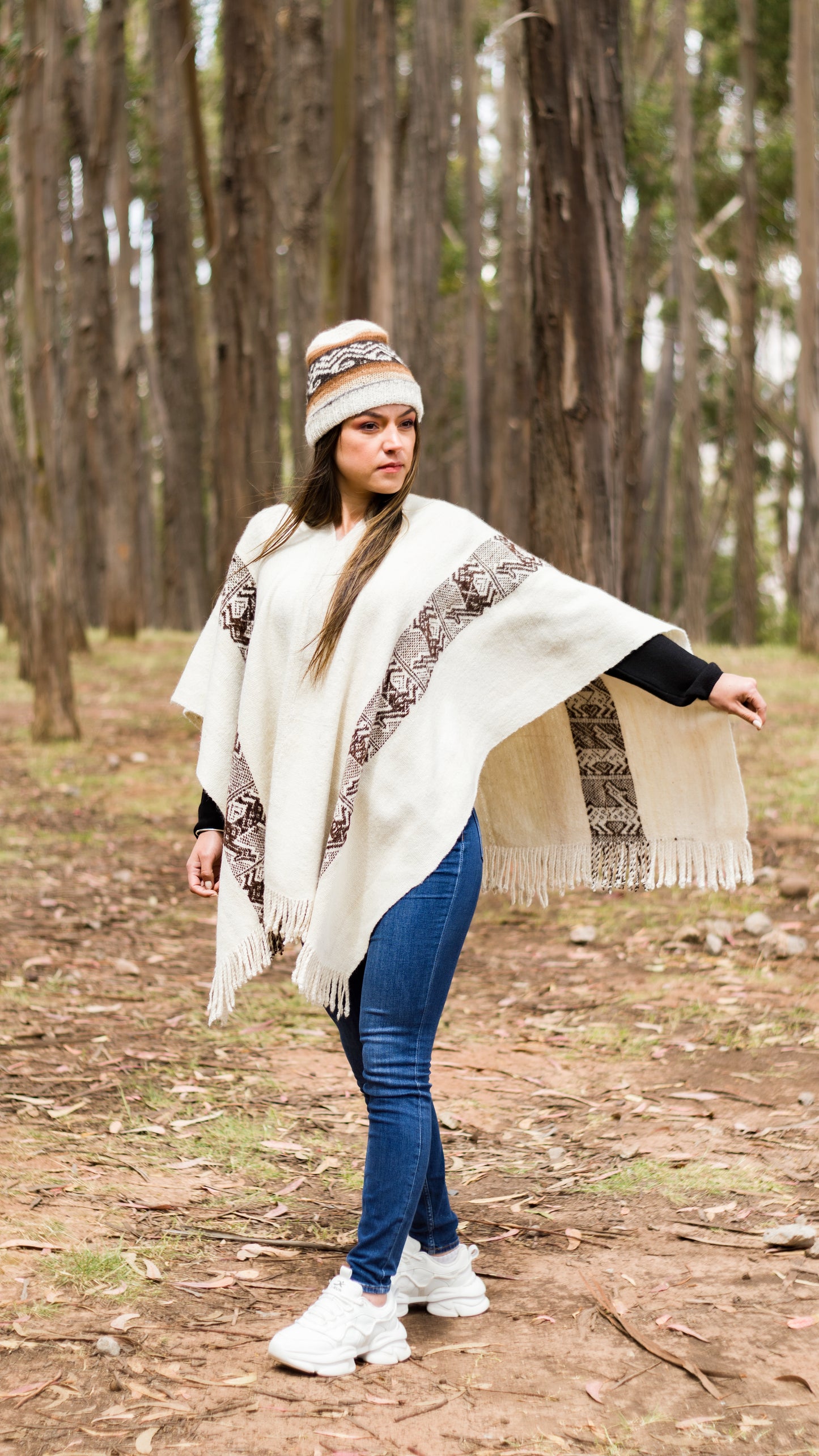 Baby Alpaca White Poncho with Andean Design