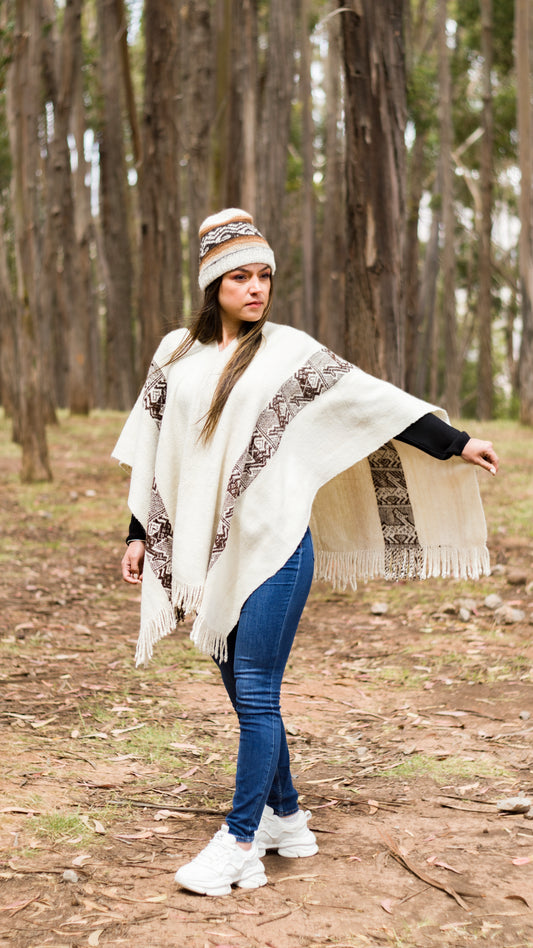 Baby Alpaca White Poncho with Andean Design
