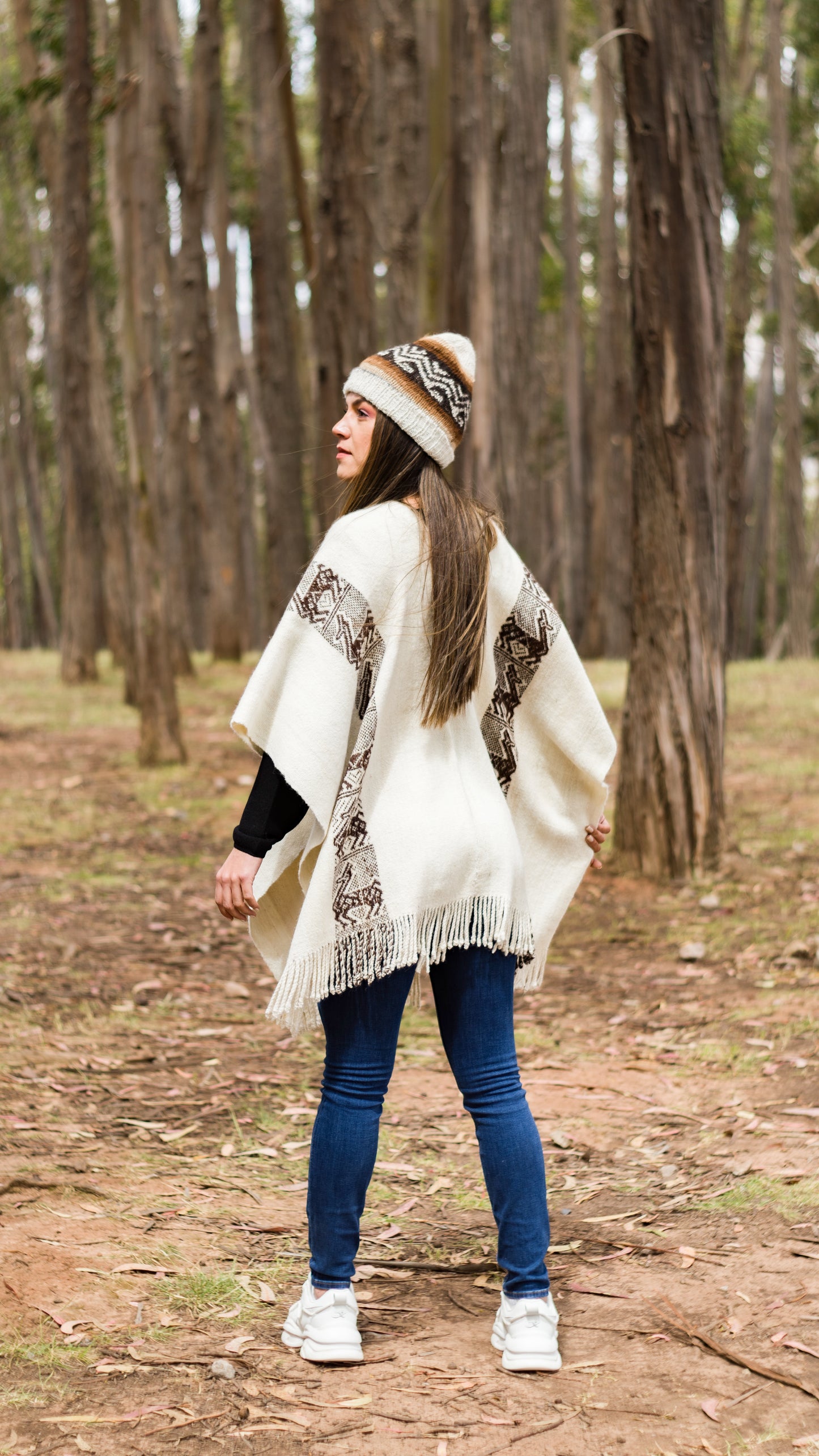 Baby Alpaca White Poncho with Andean Design
