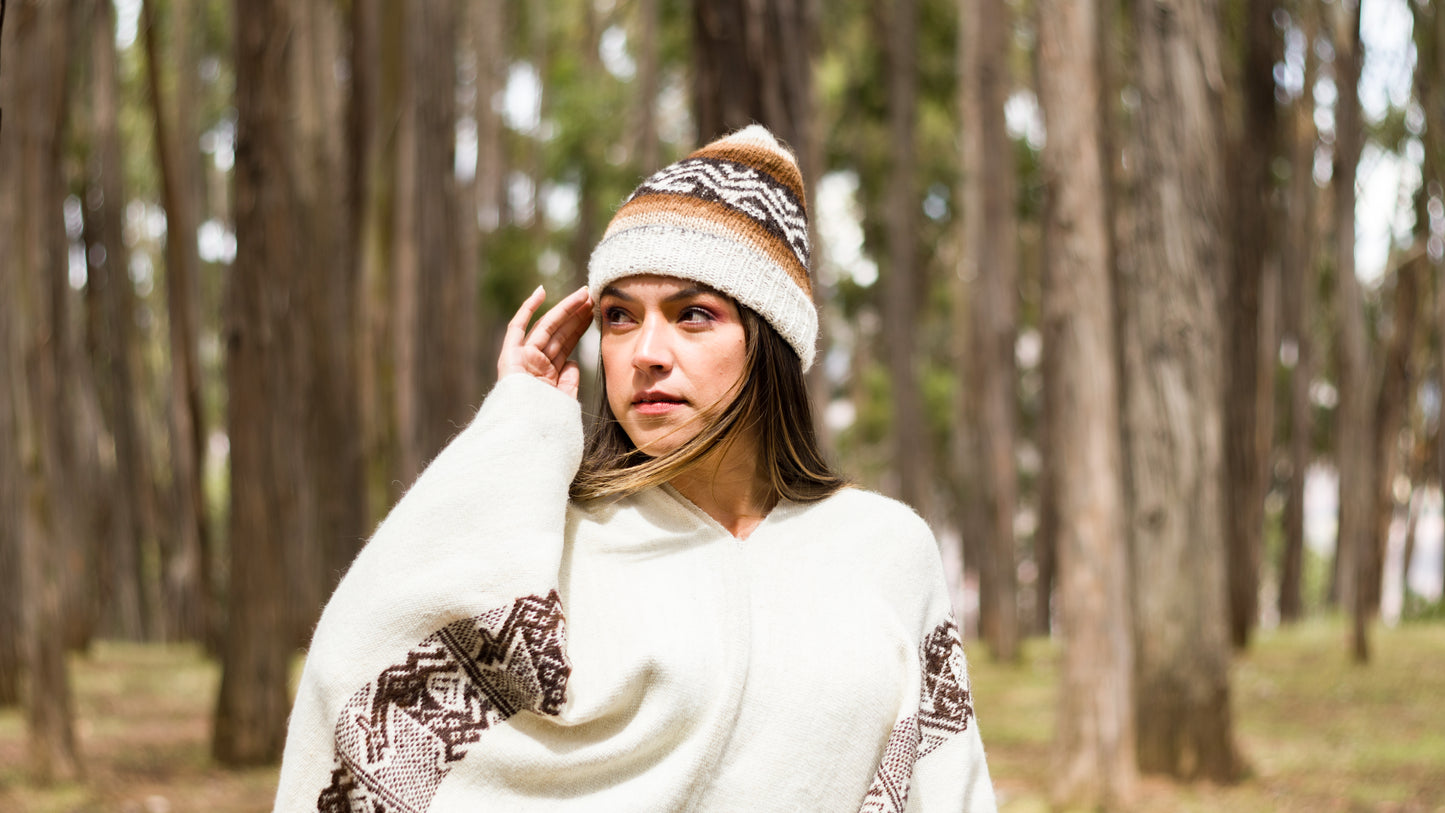 Baby Alpaca White Poncho with Andean Design