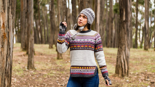 Baby Alpaca Gray Slim Fit Sweater with Colorful Andean Design