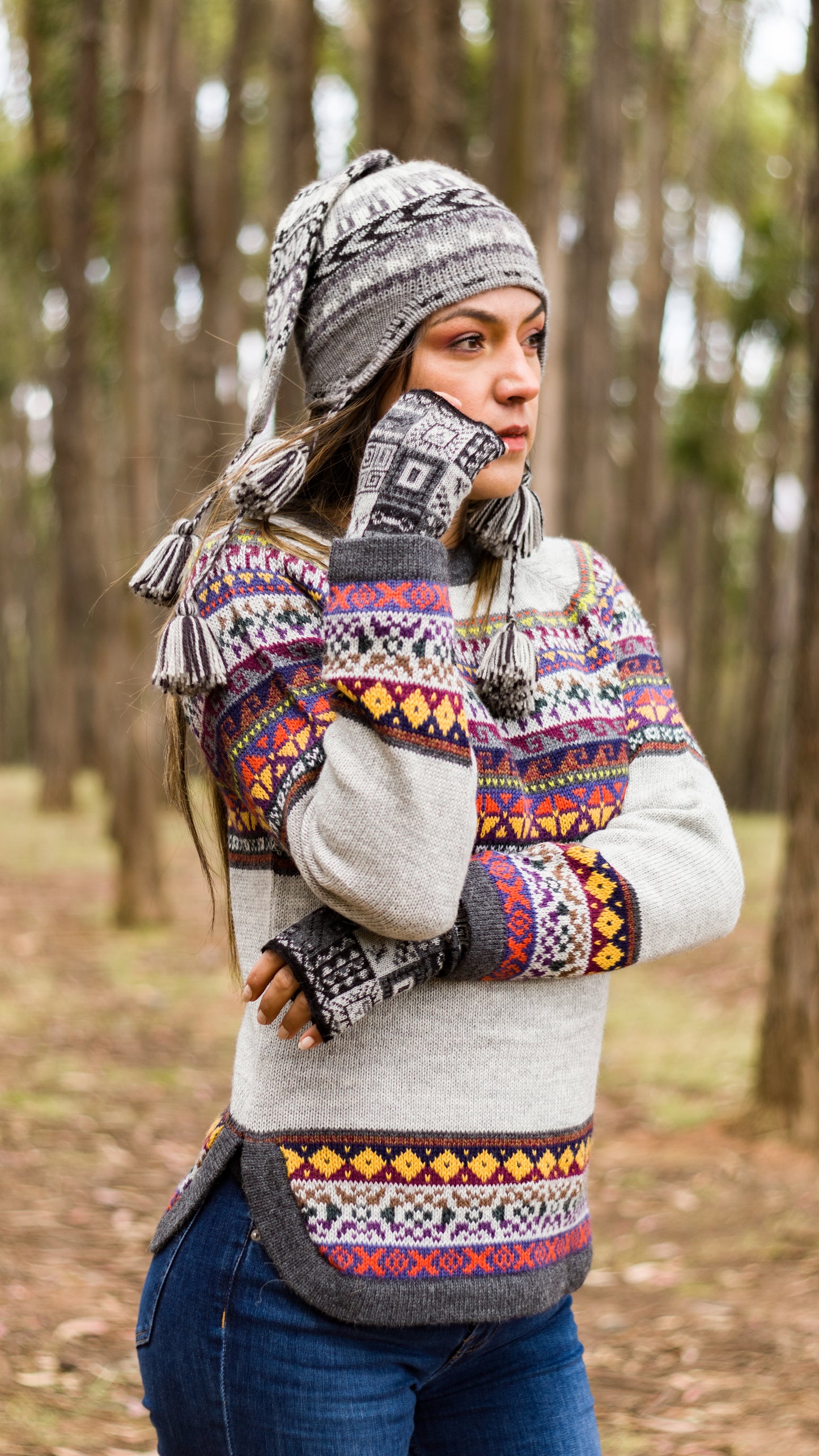 Baby Alpaca Gray Slim Fit Sweater with Colorful Andean Design