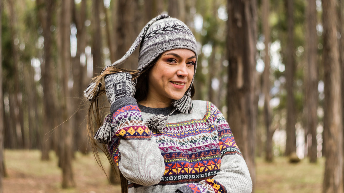 Baby Alpaca Gray Slim Fit Sweater with Colorful Andean Design