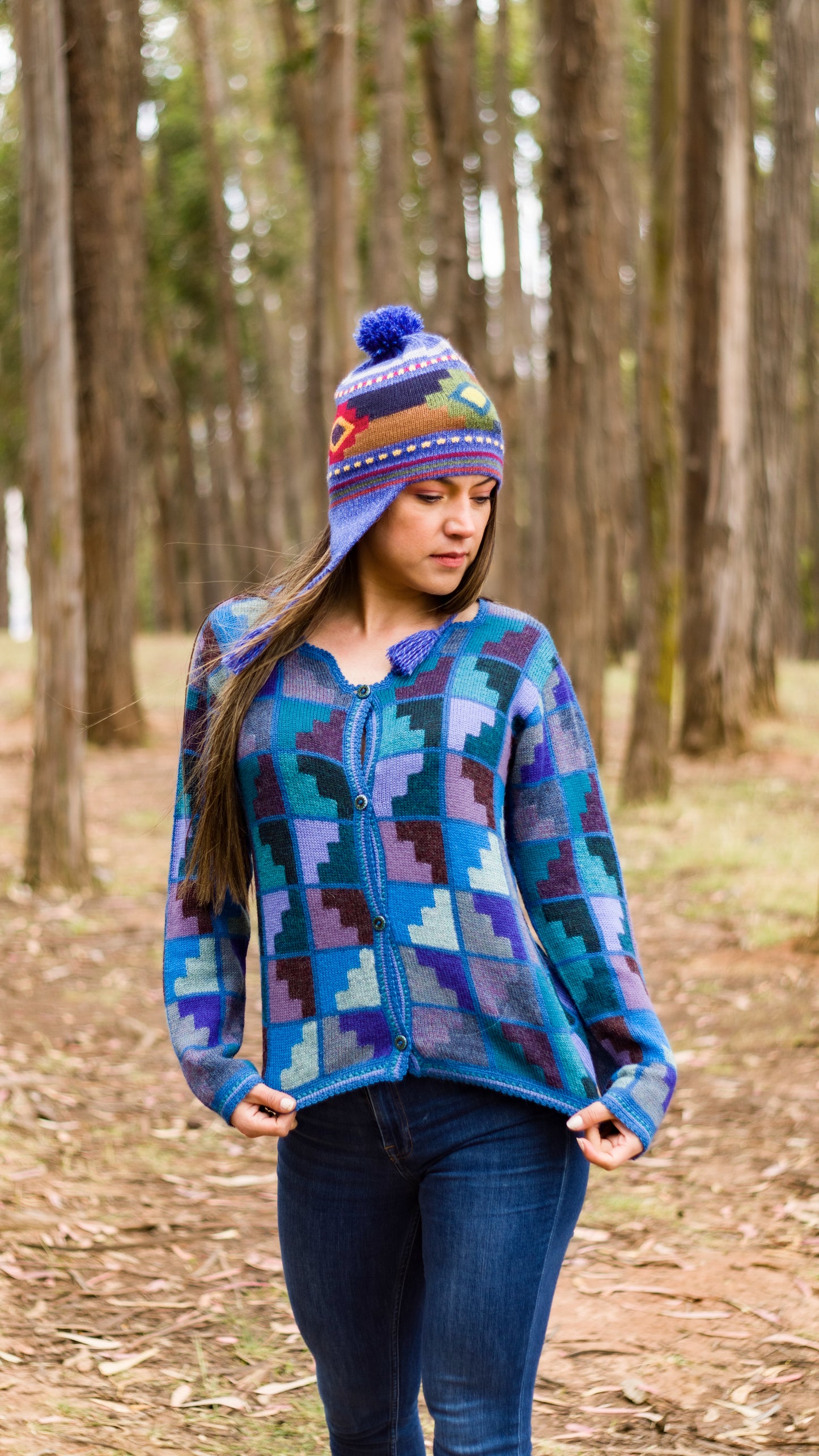 Baby Alpaca Button up Sweater with Andean Design