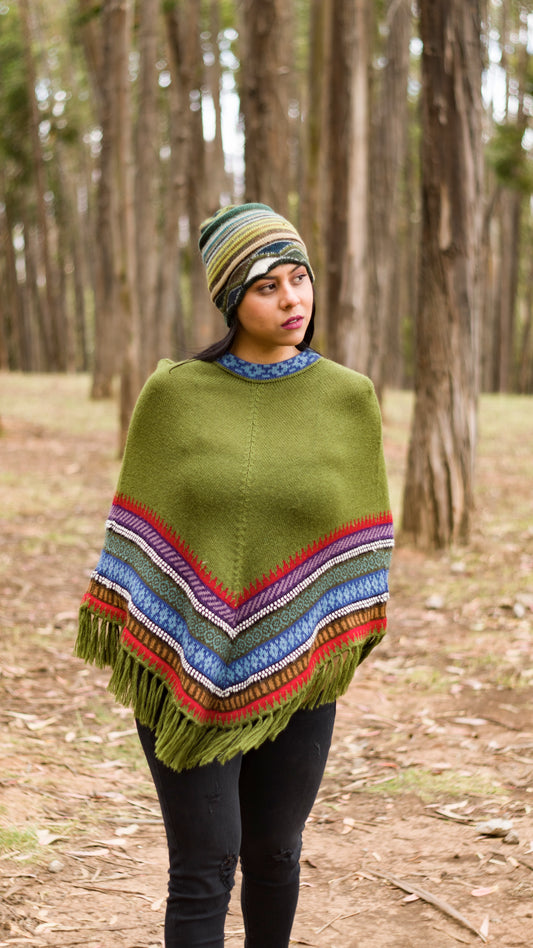 Baby Alpaca Green Poncho with Andean Design