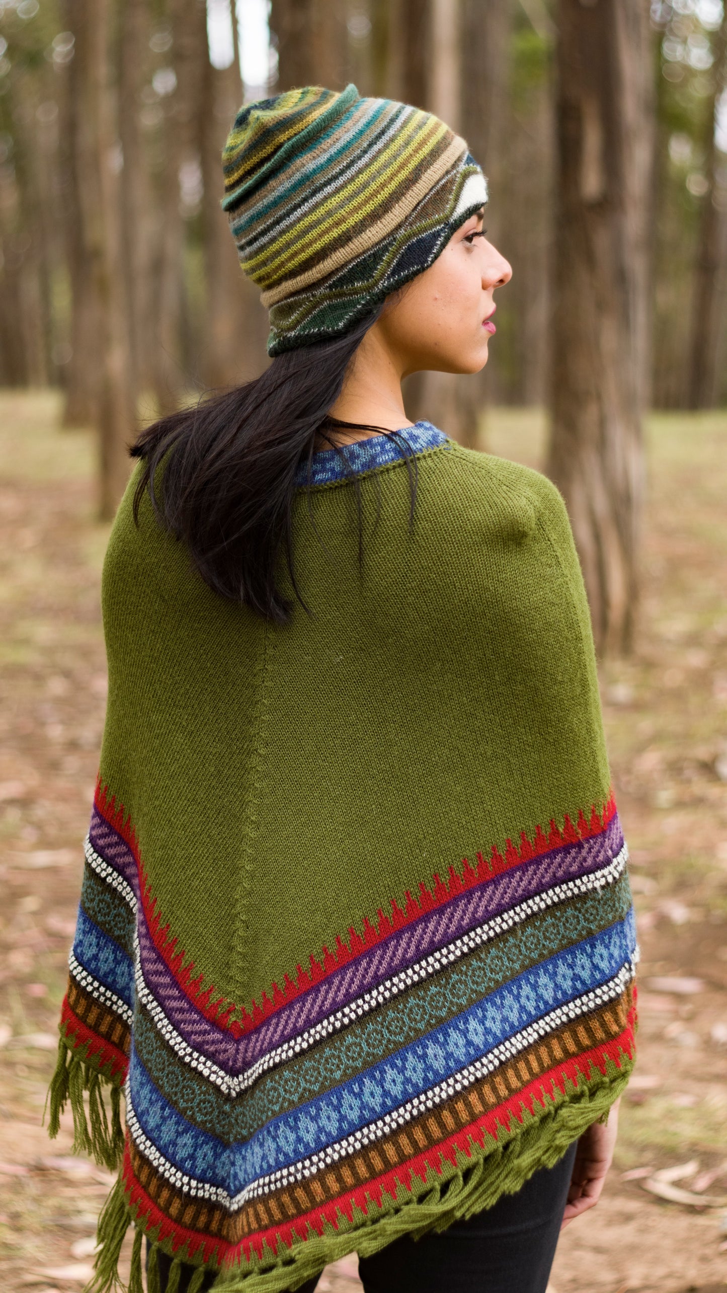Baby Alpaca Green Poncho with Andean Design