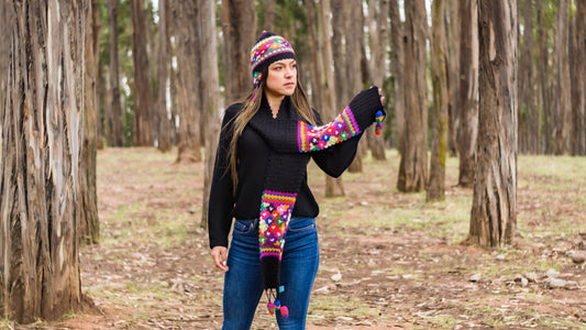 Baby Alpaca Black Scarf with Colorful Andean Design