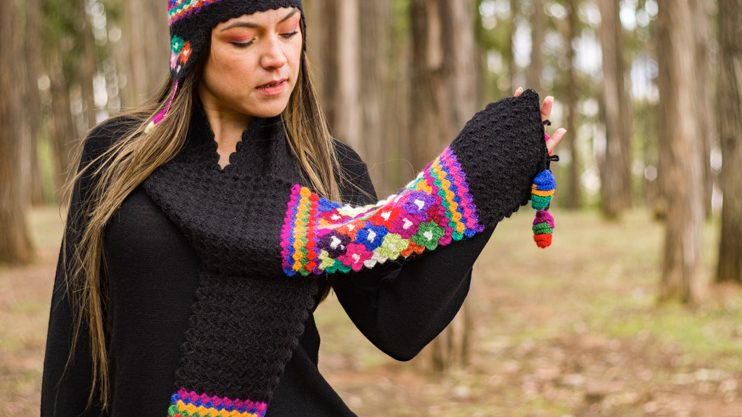 Baby Alpaca Black Scarf with Colorful Andean Design