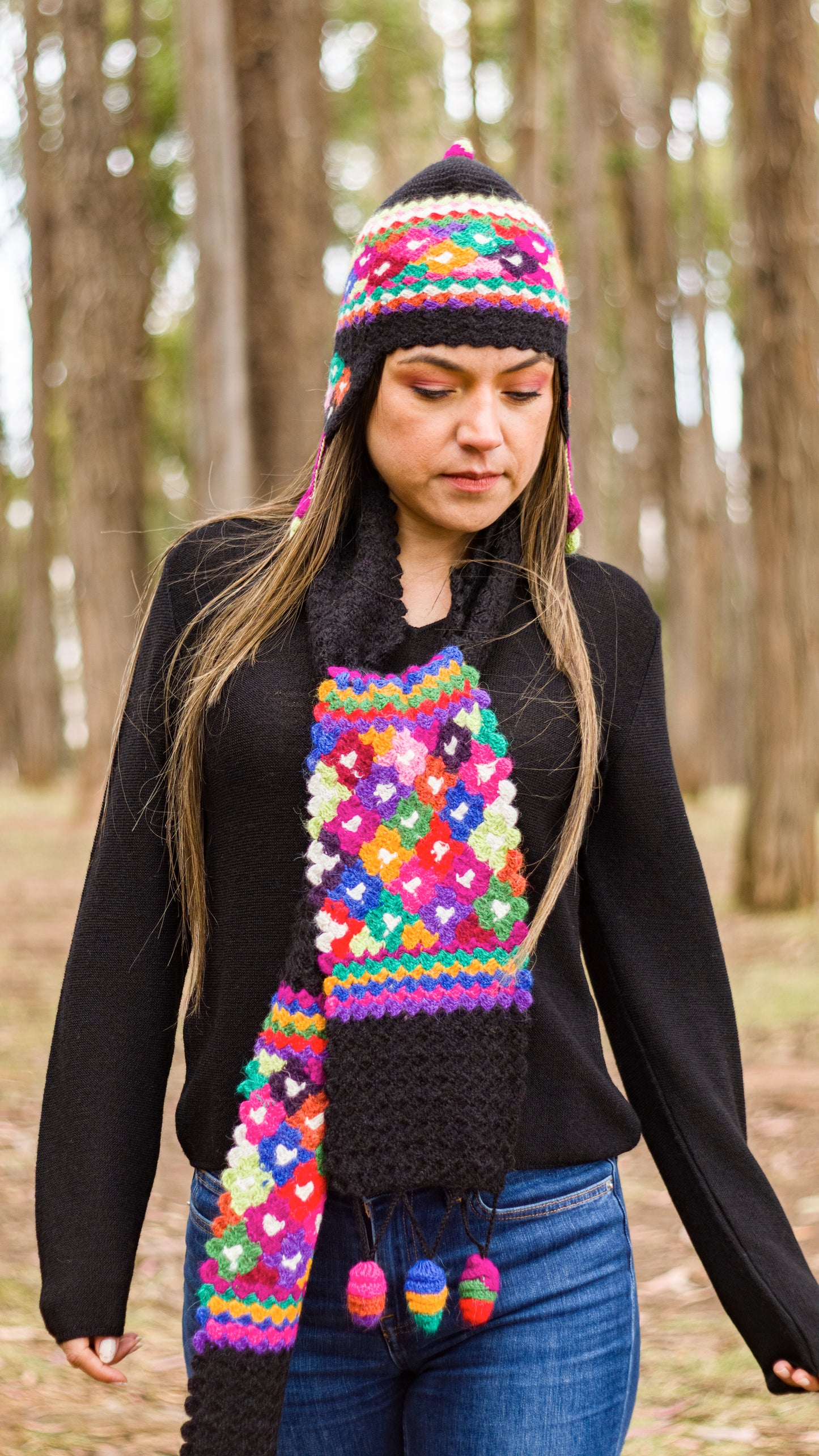 Baby Alpaca Black Scarf with Colorful Andean Design