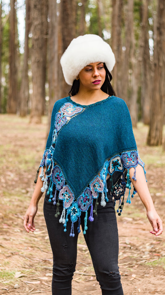 Baby Alpaca Turquoise Poncho with Andean Design